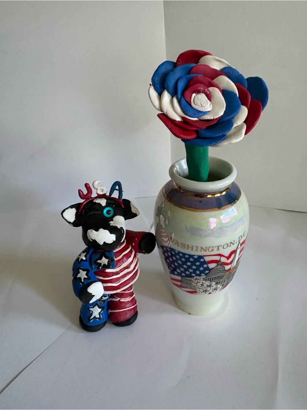 Patriotic Red White Blue Cow Figurine